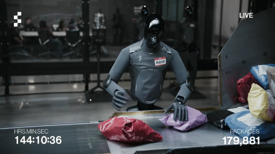Figure AI F03 humanoid robots sorting packages onto a conveyor belt during the 81-hour livestream