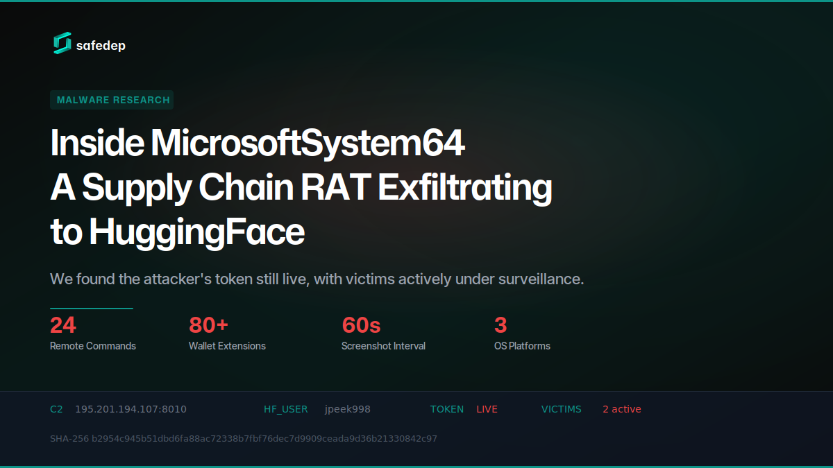 MicrosoftSystem64 npm RAT exfiltrating to Hugging Face datasets — supply-chain attack diagram