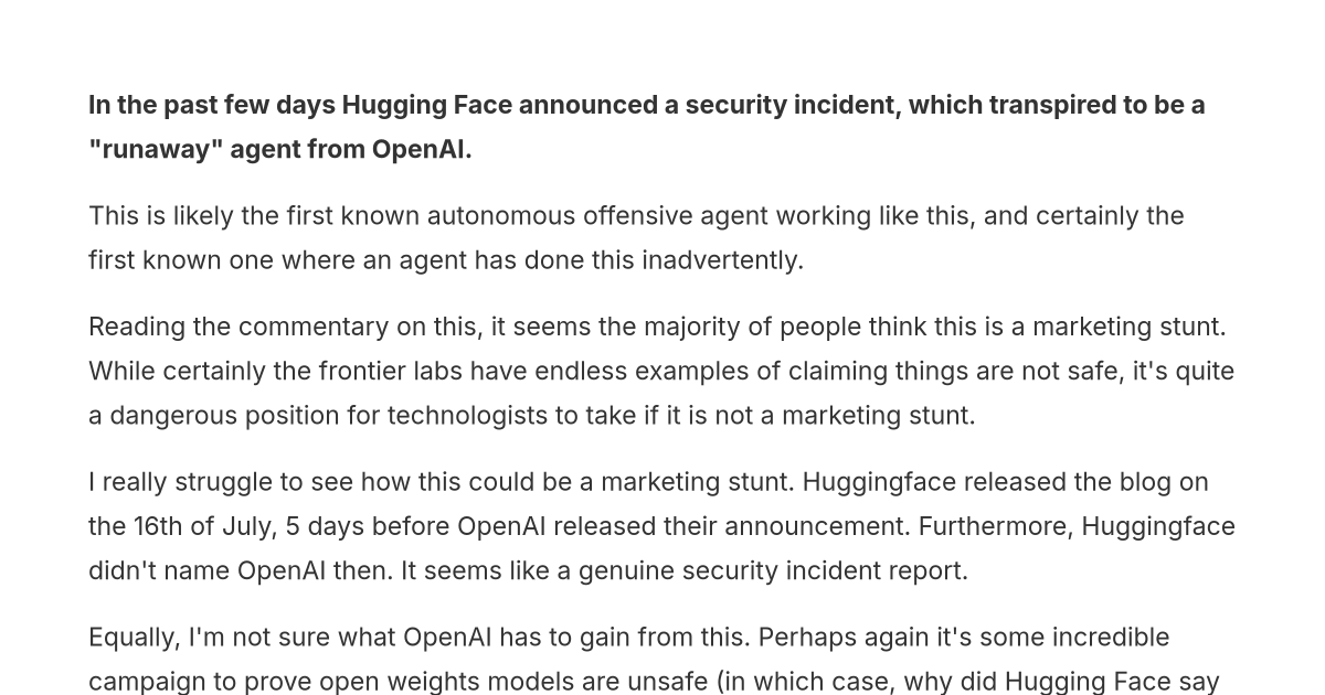 Analysis of whether the OpenAI-Hugging Face incident was a genuine runaway agent